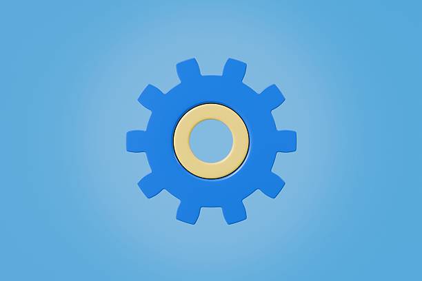 3d Gear wheels icon. Cogwheel, Cog, Mechanical, Gear shape. Customer support, technical support engineering concept. Minimal cartoon blue two gear wheels icon isolated on blue background. 3d render.