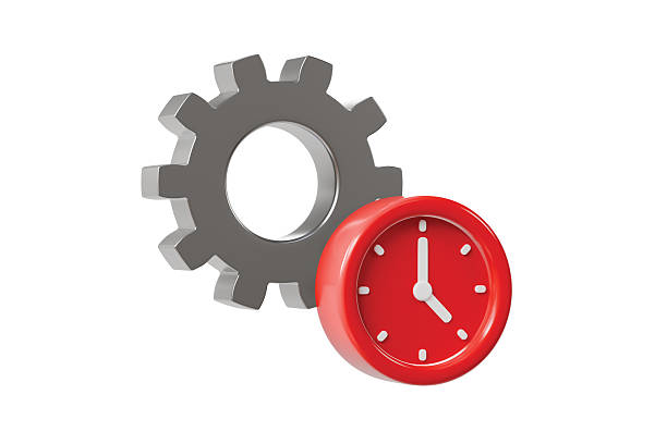 3d gear with clock icon. time management efficiency concept. Minimal cartoon settings schedule alarm clock for app icon dashboard banner. isolated on white background. 3d render.
