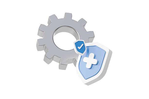 3d gear with shield icon. security protection concept. Minimal cartoon cogwheel setting badge plus for SaaS app banner. isolated on white background. 3d render.