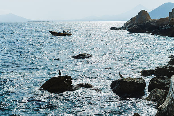 Bright sunlight reflects off the ocean as a small boat makes its way through calm waters. Birds perch on nearby rocks, adding life to the serene coastal scene.