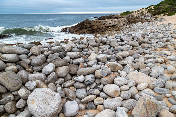 Pebble beach with ocean waves crashing against a rocky shore under a cloudy sky