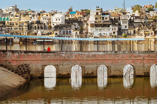 Historic riverfront in Pushkar, India featuring broad arches, a blue-striped canopy along the promenade, and a dense backdrop of whitewashed buildings and temples reflecting on calm waters.