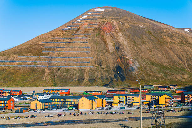 Longyearbyen town on Svalbard archipelago during polar day , Norway