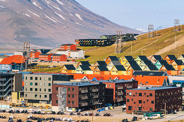 Longyearbyen town on Svalbard archipelago during polar day , Norway
