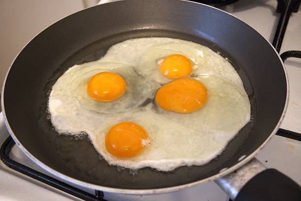istock 4 Raw Fried Eggs in Cooking Pan Close-up 2254090892