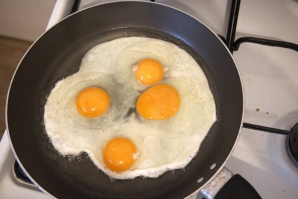istock 4 Raw Fried Eggs in Cooking Pan Close-up 2254090897