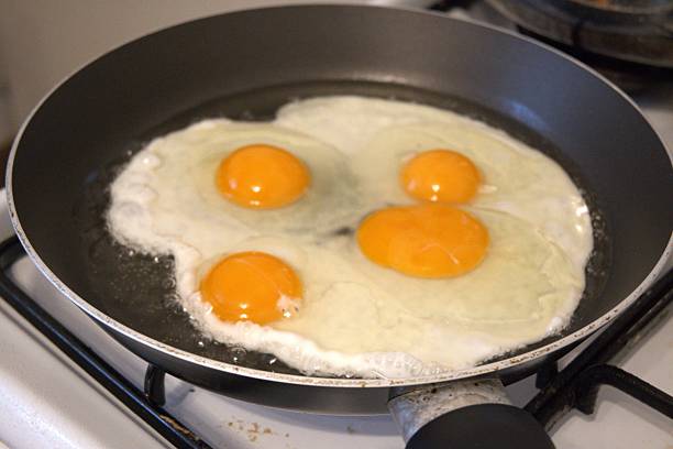 istock 4 Raw Fried Eggs in Cooking Pan Close-up 2254090916
