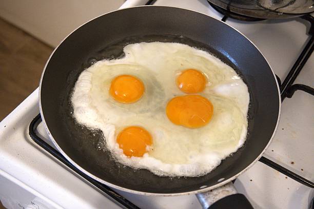 istock 4 Raw Fried Eggs in Cooking Pan Close-up 2254090918