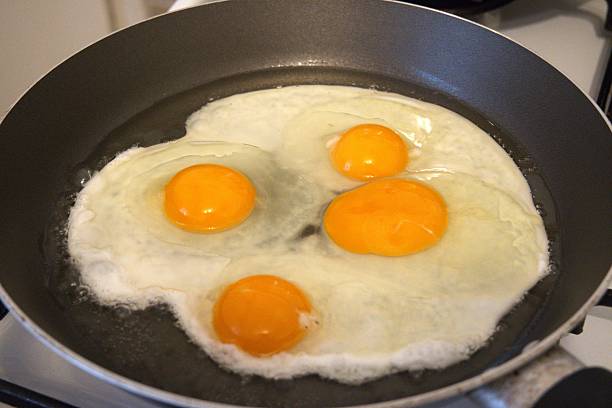 istock 4 Raw Fried Eggs in Cooking Pan Close-up 2254090928