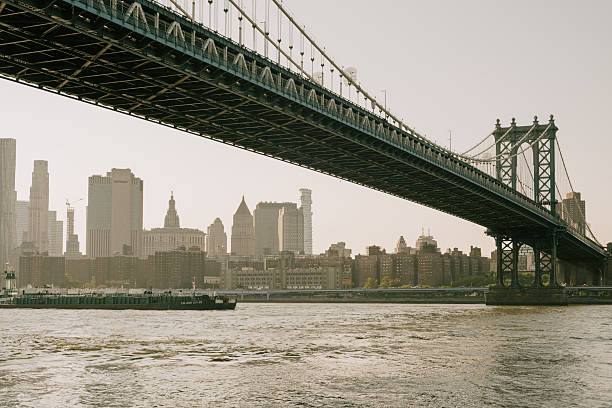 View of Manhattan Bridge from Brooklyn with boat under the bridge