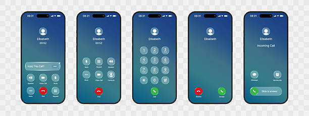 A realistic smartphone call interface UI vector set featuring liquid glass–style buttons and modern mobile UX design. Includes incoming call, active call, keypad, and call control screens with buttons for mute, speaker, keypad, and video call. Ideal for phone app mockups, UI/UX presentations, mobile interface design, and communication concept visuals.