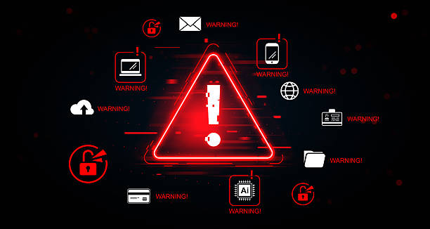 istock Cybersecurity warning concept with glowing red triangle alert and multiple digital threat icons on dark blur background. 3D Rendering 2254098700