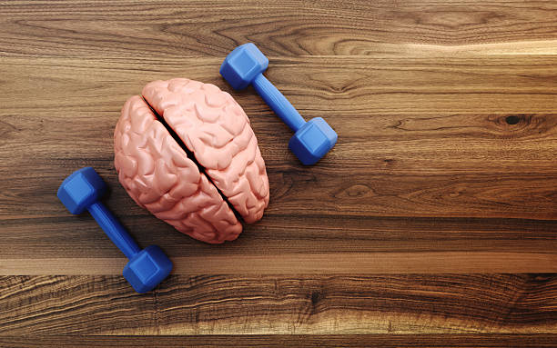 istock Brain Training and Mental Strength Concept with Dumbbells on Wooden Background, Brain Training Concept 2254102825