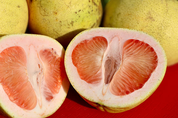 Pomelo, a citrus fruit, appears sliced open with whole fruits resting behind on a red background. Its heavy rind and spongy pith contrast with the soft segmented flesh.Pink interior sections radiate from the center with a few large seeds visible.The image communicates size, sweetness, and natural structure.
