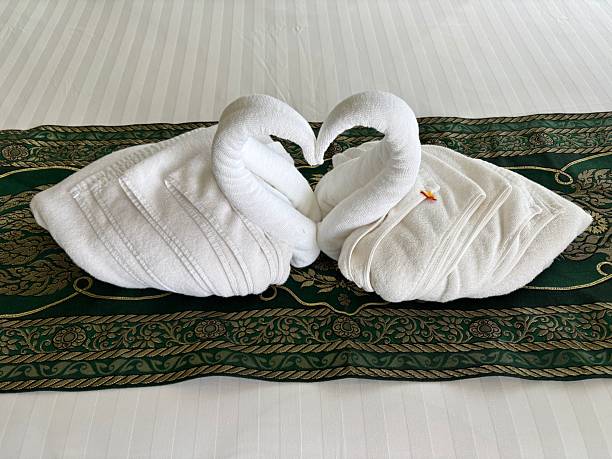 Swan towels forming a heart shape in luxury hotel