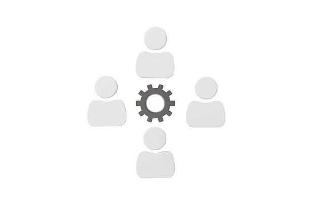 3d gear with four user avatars icon. teamwork management concept. Minimal cartoon team group hr workflow for app dashboard ui saas. isolated on white background. 3d render.