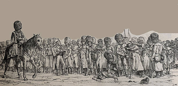 Antique illustration pre 1900 - large group of British soldiers with tall bearskin hats