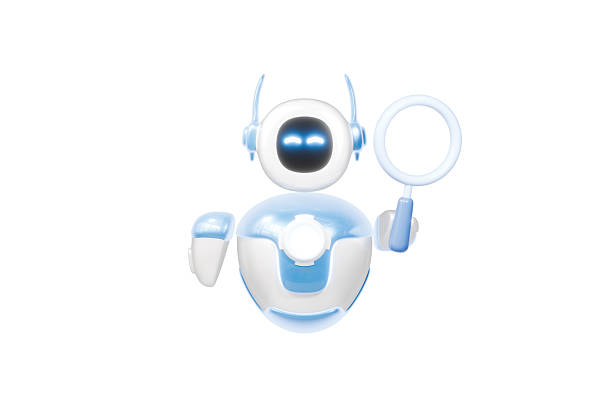 3d robot character holding magnifying glass. ai assistant searching concept. cute blue and white bot isolated on white background. artificial intelligence mascot. 3d render.