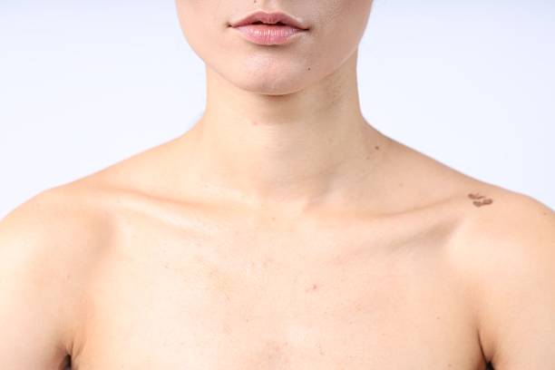 Woman with normal skin on light background, closeup