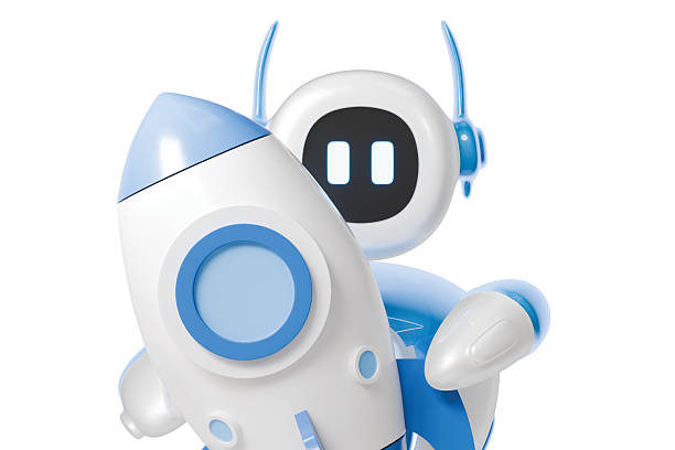 istock 3d cute robot holding rocket icon. startup launch concept. Minimal cartoon rocketship bot mascot robo for app hero banner. isolated on white background. 3d render. 2254109904
