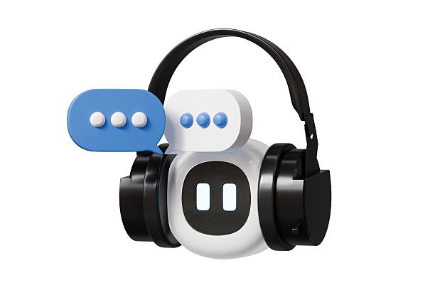 istock 3d robot with headphones and chat bubbles icon. customer support concept. Minimal cartoon chatbot bot assistant helpdesk agent for app banner. isolated on white background. 3d render. 2254109950