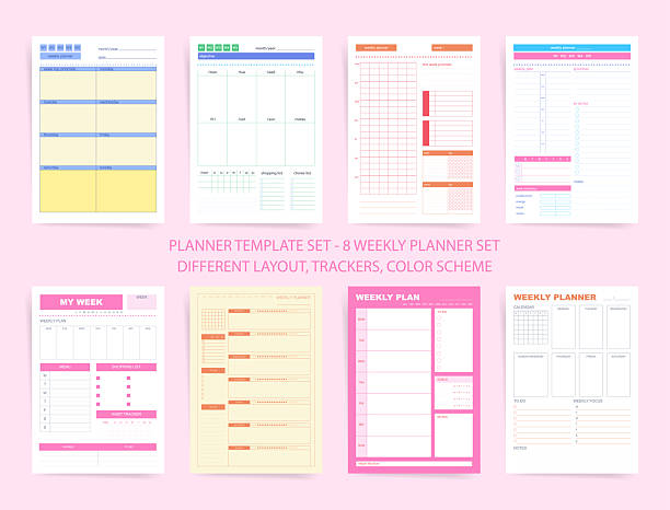 istock Weekly planner template set of eight unique A4 designs. Printable layouts with trackers, priorities, to-do lists, habit and menu sections. Colourful planners for weekly organisation. 2254114067