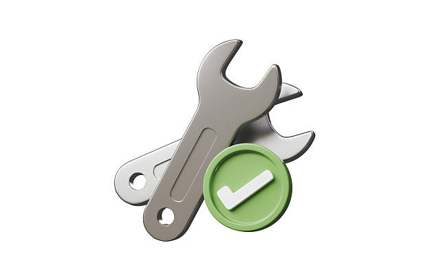 3d wrench tools with check mark icon. repair maintenance concept. Minimal cartoon silver spanners stack with green checklist symbol isolated on white background. 3d render.