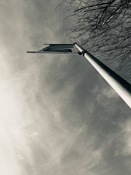 Looking straight up a utility pole at a hanging fabric banner against a clear sky in San Marcos, California.