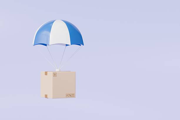 istock 3d Cardboard box with flying parachute icon. Minimal Parcel box or shipment package with hot air balloon. Cargo delivery service, Online Shopping concept on isolated blue purple background. 3d render. 2254120397
