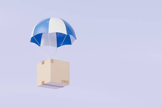 istock 3d Cardboard box with flying parachute icon. Minimal Parcel box or shipment package with hot air balloon. Cargo delivery service, Online Shopping concept on isolated blue purple background. 3d render. 2254120413