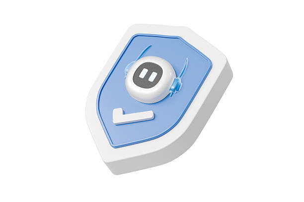 3d shield with robot tick icon. security trust concept. Minimal cartoon shield badge verified checkmark bot for app icon banner. isolated on white background. 3d render.