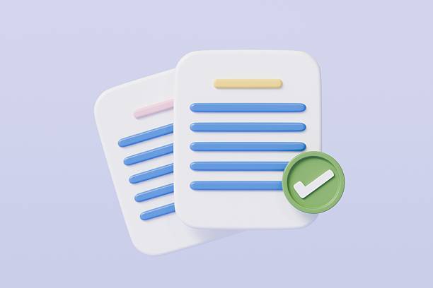 istock 3D Minimal Business documents note paper with checkmark or tick mark icon. Sheets of paper. Approved document concept. Minimal Cartoon design isolated on purple background. 3d rendering illustration. 2254122289