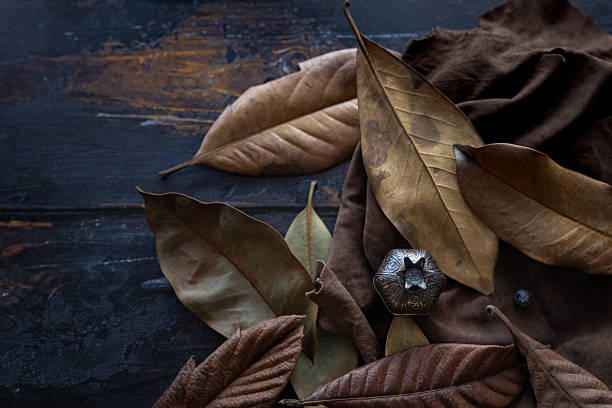 Moody autumn still life featuring dried leaves on dark rustic wood, paired with soft brown fabric and a small pomegranate-shaped bronze box. Low-key side lighting emphasizes rich textures and warm seasonal tones.