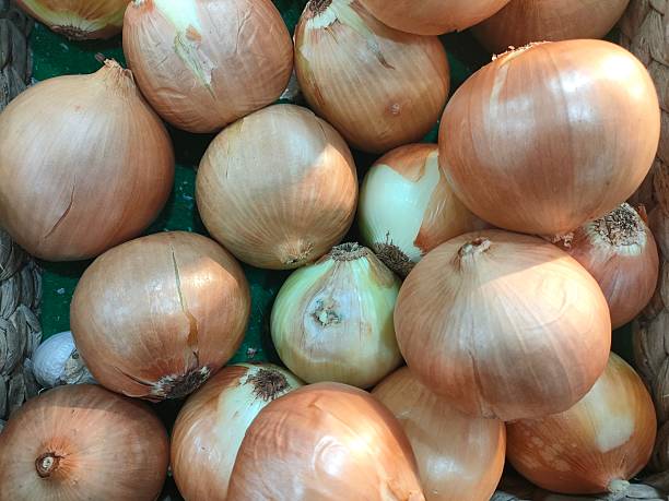 Top-down view of fresh yellow onions in a basket. Perfect for culinary themes, healthy cooking ingredients, grocery retail, and organic food market concepts.