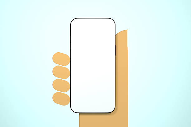 Hand holding a smartphone with blank text messaging screen against light blue background.