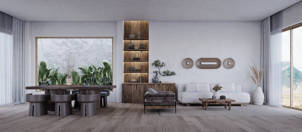 istock Panorama view Wabi-sabi living and dining room interior with stucco wall. 3d rendering 2254128487