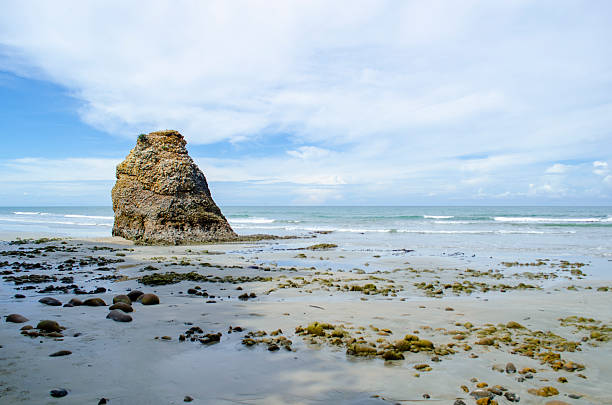 Seastack and shoreline composition with rippled tidal water and bright sky gradients overhead, Kuala Penyu, Sabah, Malaysia