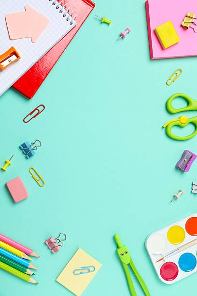 istock Flat lay with school stationery on color background, top view 2254140551