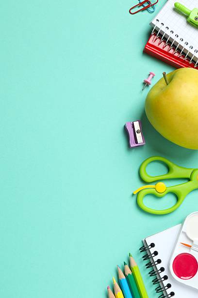 istock Flat lay with school stationery on color background, top view 2254140555
