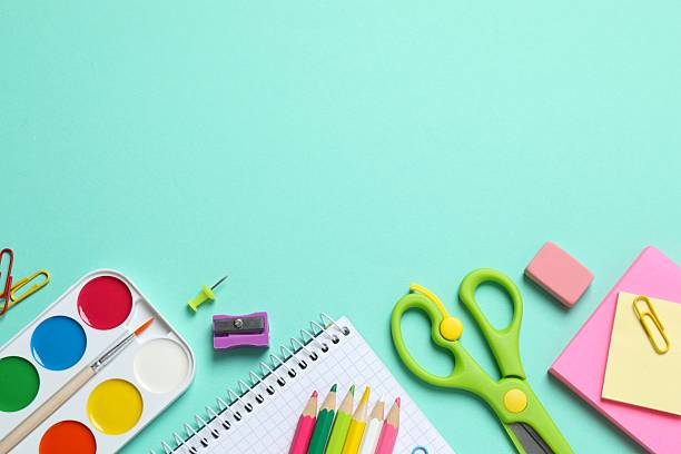 istock Flat lay with school stationery on color background, top view 2254140558