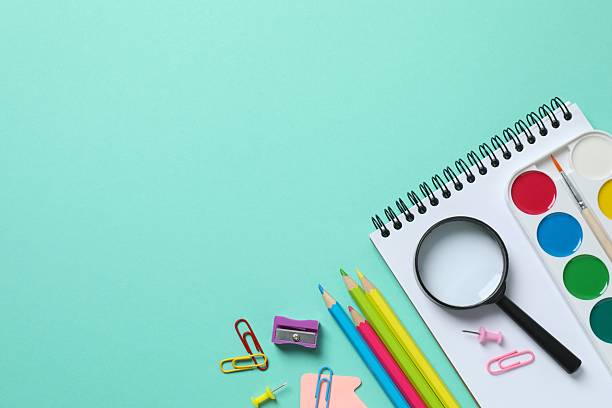 istock Flat lay with school stationery on color background, top view 2254140620