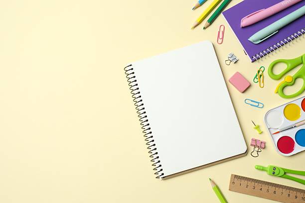 istock Flat lay with colorful school stationery and notebook on color  background, top view 2254140680