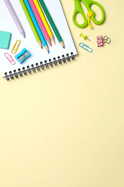 istock Flat lay with school stationery on color background, top view 2254140704