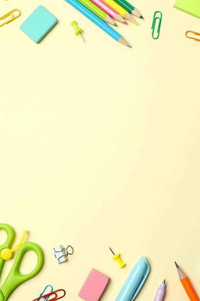 istock Flat lay with school stationery on color background, top view 2254140768
