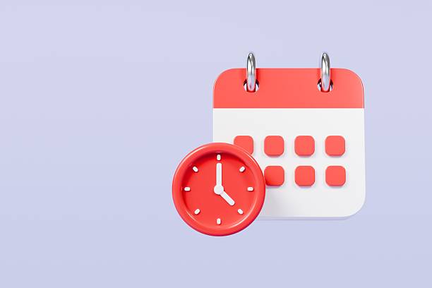 istock 3d Red Calendar with clock icon on isolated purple background. Reminder notification or Time management concept. Website Ui design icon. Minimal 3d cartoon red calendar time zone icon. 3d render. 2254143747