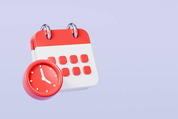 istock 3d Red Calendar with clock icon on isolated purple background. Reminder notification or Time management concept. Website Ui design icon. Minimal 3d cartoon red calendar time zone icon. 3d render. 2254143805