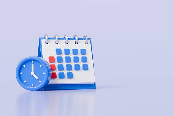 istock 3d Blue Calendar with clock icon on isolated purple background. Reminder notification or Time management concept. Website Ui design icon. Minimal 3d cartoon red calendar time zone icon. 3d render. 2254143814