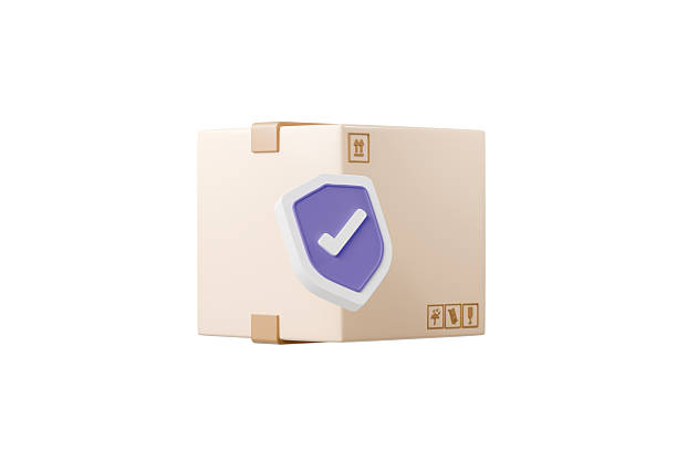3d parcel box shield icon. secure shipping package concept. Minimal cartoon parcel box with checkmark shield for protection approval isolated on white transparent background. 3d render
