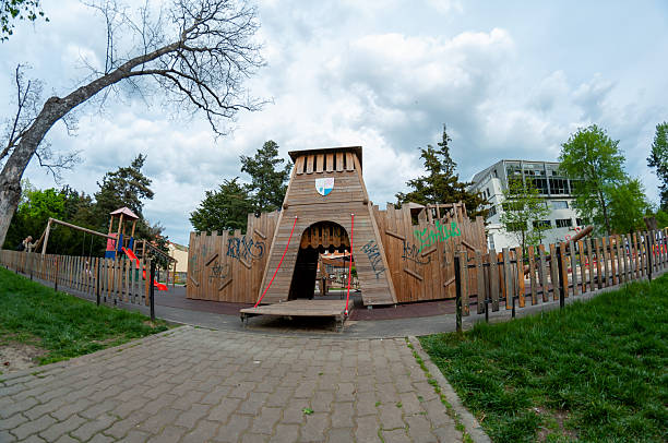 Timisoara, Romania - April 21, 2014: Fisheye view of a wooden toy castle from a park. Childhood memories