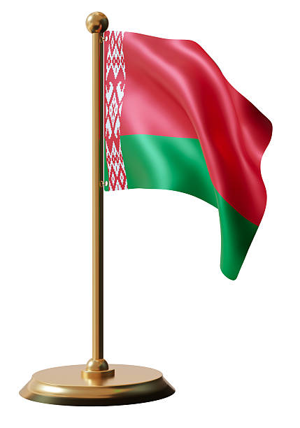 istock A Belarus national flag stands on a flagpole with a white background. The design features red and green colors, displaying the national emblem. The flag is shown in realistic 3D. 2254145899